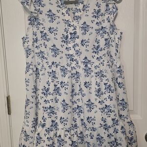 White and Blue Floral Tiered Dress